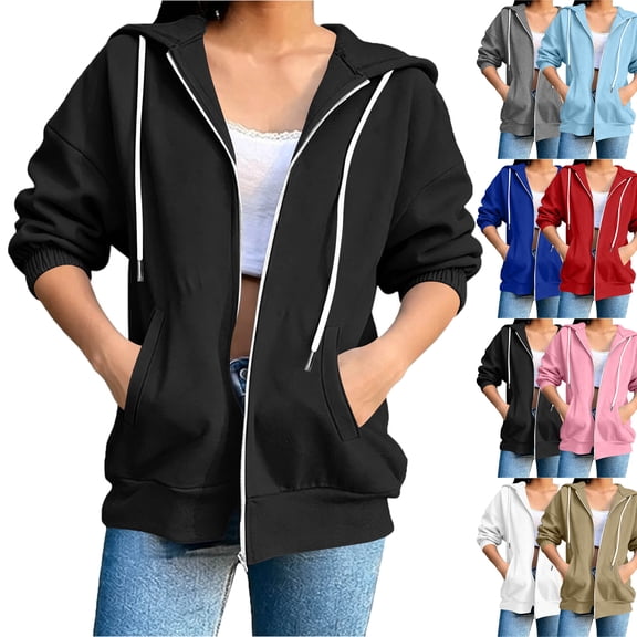 Lenago Womens Zip Up Hoodies Oversized Sweatshirt Casual Solid Color Zipper Drawstring 3/5 Sleeve Elastic Cuff Jacket
