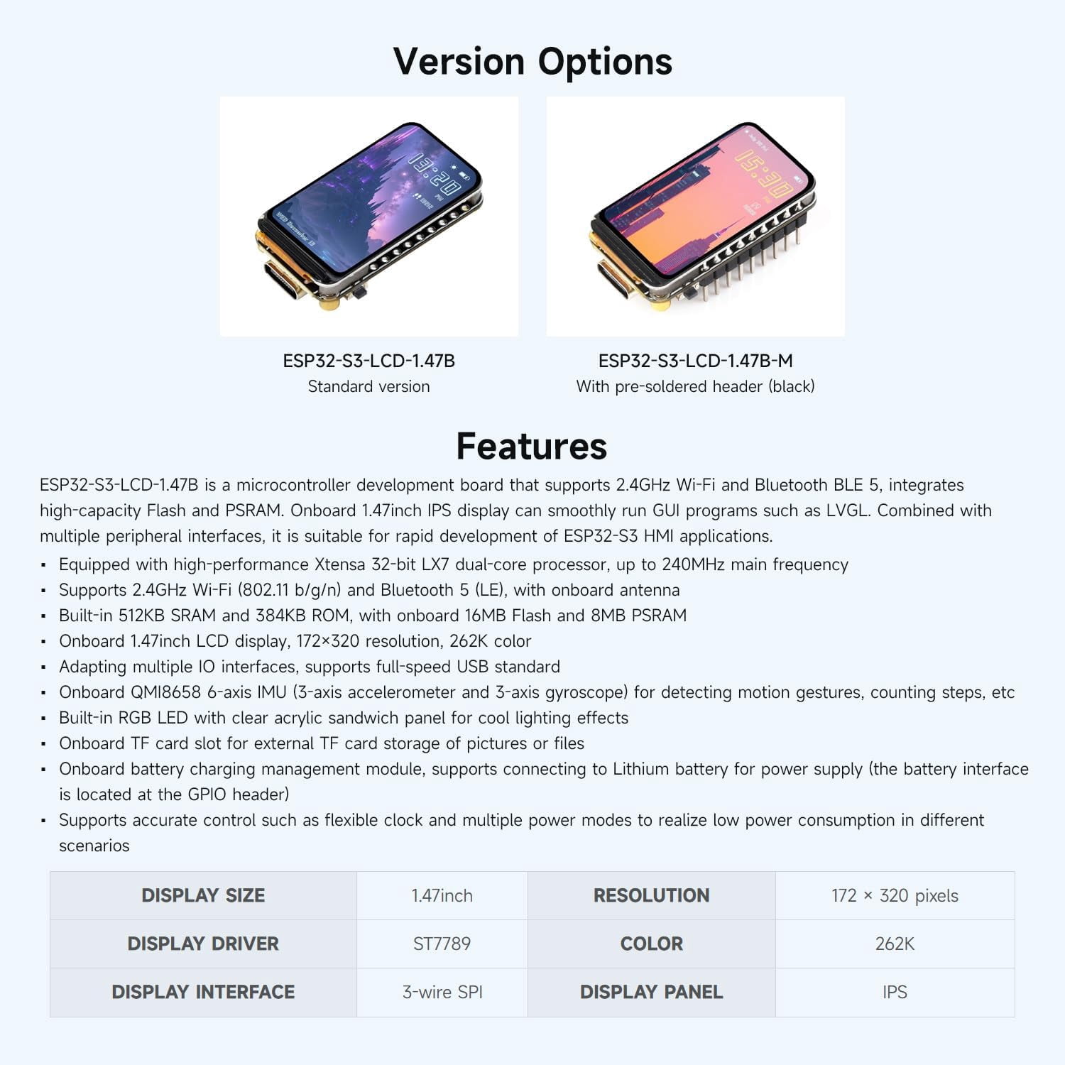 ESP32-S3 1.47inch LCD Display Development Board, 172×320 Resolution, 262K Display Color, 2.4GHz Wi-Fi/BLE 5, 240MHz LX7 Dual-core Processor, ESP32 with Display, with Pre-soldered Header