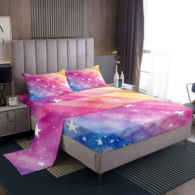 Erosebridal Starry Sky Bed Sheets Set Queen Size,Gradient Rainbow Bedding Sets Queen Size,Bling Decor,Breathable,4 Pieces