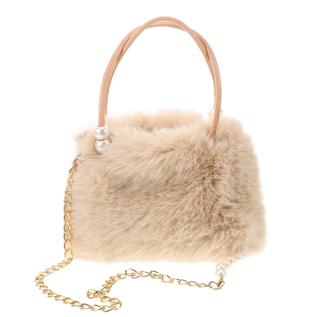 Bolso de mano de piel sintética de gran capacidad para mujer con cadena de perlas, bolso de hombro de felpa, elegante bolso de noche beige