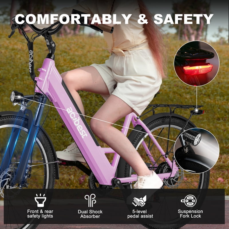 Actbest Core-Swept Step Thru Electric Bike for Adults, 26" Electric Bicycle with Peak 749W Brushless Motor, 36V/13Ah Built-in Battery, 7 Speed Front Shock Ebike (Pink) with Lock