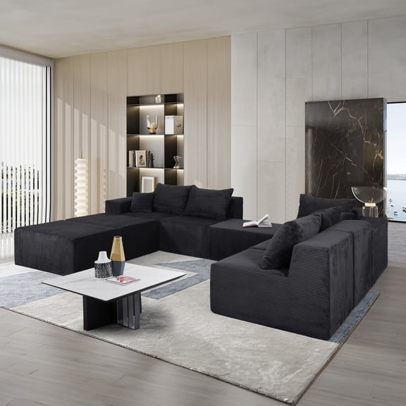 8-Piece Modular U-Shaped Sectional Sofa, Large Convertible Couch with Oversized Chaise Lounge and Bed, Luxury Corduroy Upholstery, No Assembly Needed, Family Sofa Set for Living Room (Black)