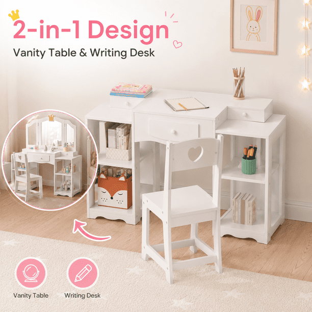 Ktaxon Kids' Wooden Vanity Table and Stool Set with Tri Folding