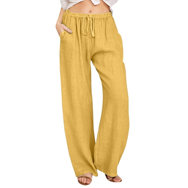 Pantalones anchos de cintura alta para mujer: pantalones elásticos con cordón, cómodos pantalones largos rectos con bolsillos, poliéster, para todas las ocasiones