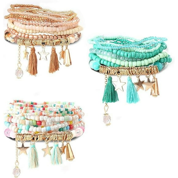 3Set Bead Mala Wrap Bracelets for Women, Girls, Multi-Layered, Bohemian Bracelets