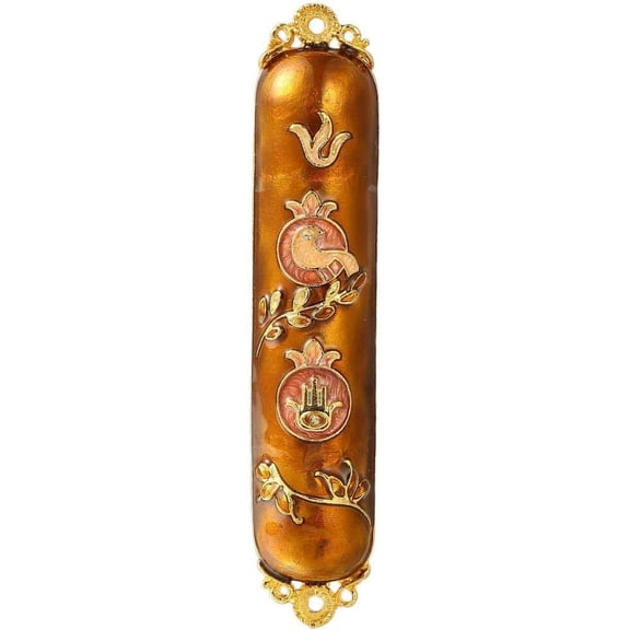 Hand Painted Enamel Mezuzah Embellished with a Dove and Hamsa Design with Gold Accents and fine Crystals by Matashi