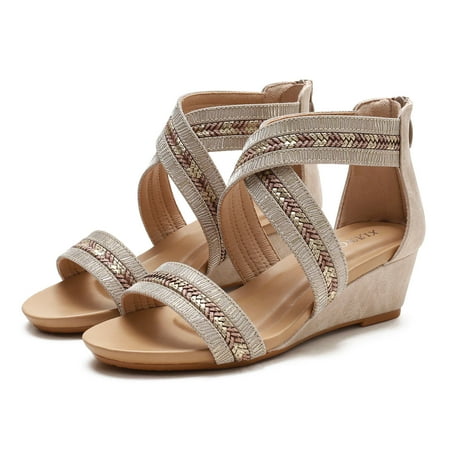 

XIAQUJ Fashion Spring Summer Women Sandals Mid Heel Wedge Back Zipper Open Toe Breathable and Comfortable Coloured Roman Style Sandals for Women Gold 9(42)