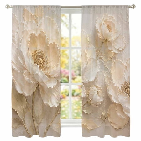 White Peony Sheer Curtains 63 Inches Long 2 Panels Rustic Beige Floral Impasto Relief Textured Flower Semi Sheer Rod Pocket Window Curtains Light Filtering Drapes for Living Room Bedroom