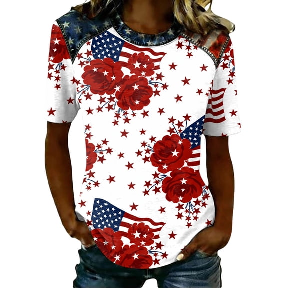 RMGVDSD 4th of July T-Shirts for Women Independence Day Graphic Tees Tshirt Casual Short Sleeve Crew Neck T Shirts Summer Patriotic Tops Tshirts Soft Clothing