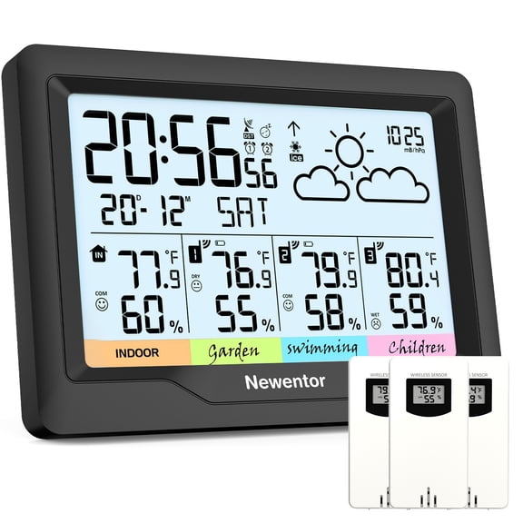 Newentor 6" Digital Display Weather Station for Home with 3 Outdoor Sensors, Indoor Outdoor Thermometer, Black