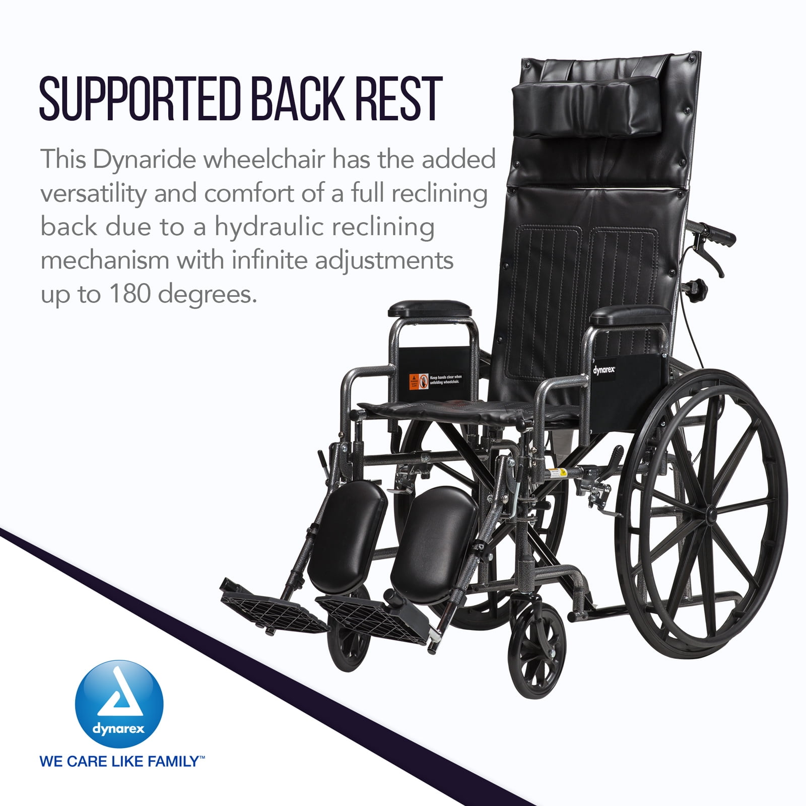 Dynarex DynaRide Reclining Wheelchair - Detachable Desk Arms & Elevating Leg Rests, Weight Capacity 350 lbs., 22" x 18" Seat, Silver Vein Frame - 1 Wheelchair