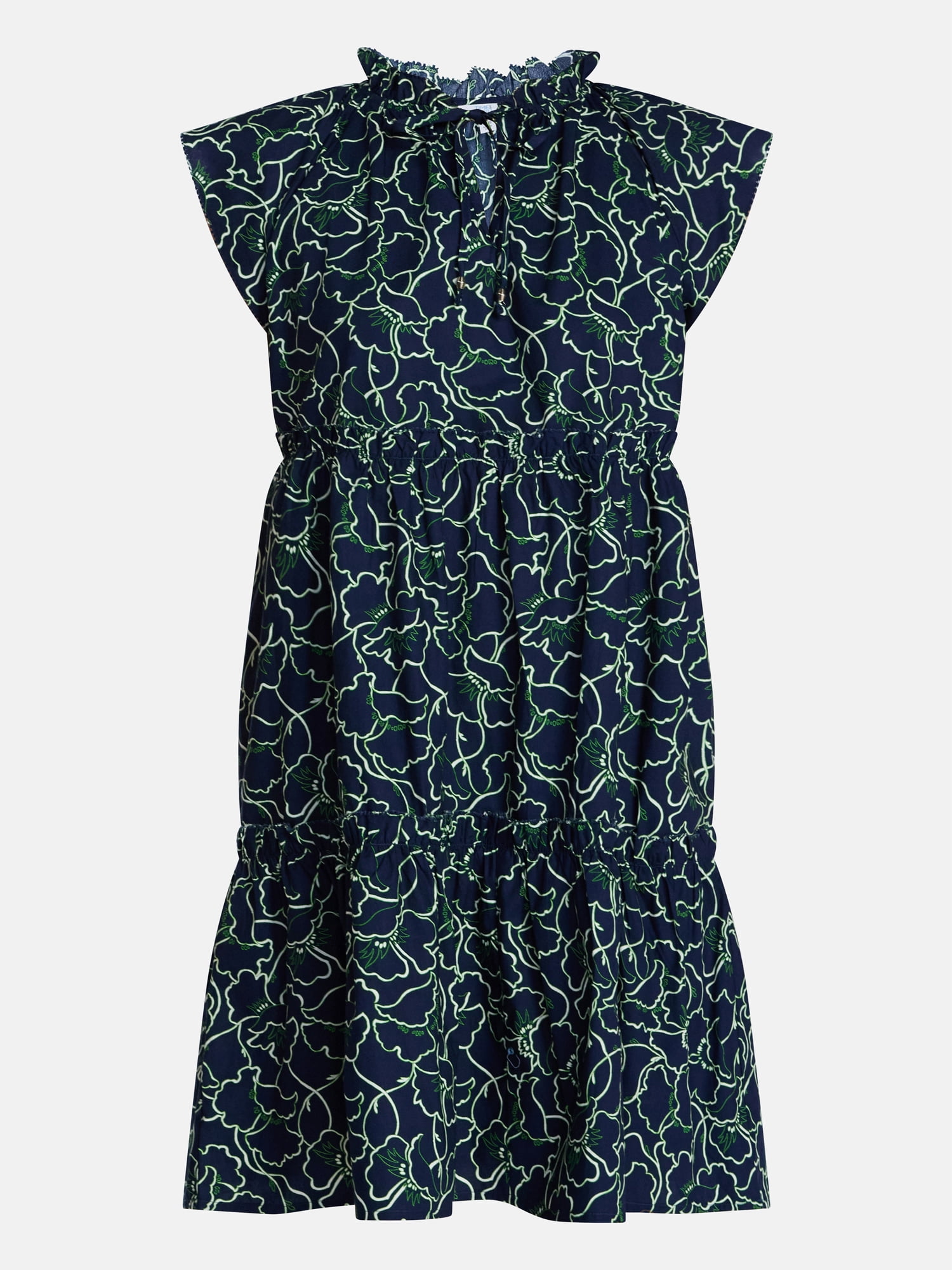 Time and Tru Women's and Women's Plus Tiered Cotton Mini Dress with Flutter Sleeves, Sizes XS-4X