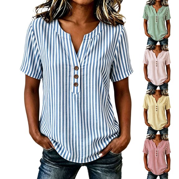 Endives Women's Short Sleeve T-shirt Womens Striped T Shirts Plus Size Short Sleeve V Neck Summer Loose Tops Button Blouse T Shirts for Women Summer Sale