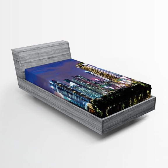 Ambesonne Travel Fitted Sheet, Singapore City, Twin Size, Multicolor