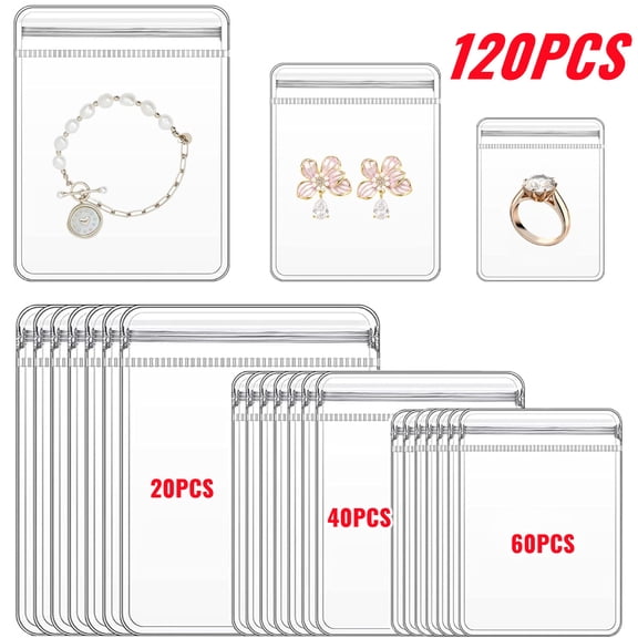 120 pcs 3 Sizes Clear PVC Jewelry Bags Plastic Transparent Jewelry Pouches for Rings Earrings Packing Storage Pouch Anti Tarnish Zip Lock Bags for Holding Jewelries (Clear, 3 Sizes Mixed)