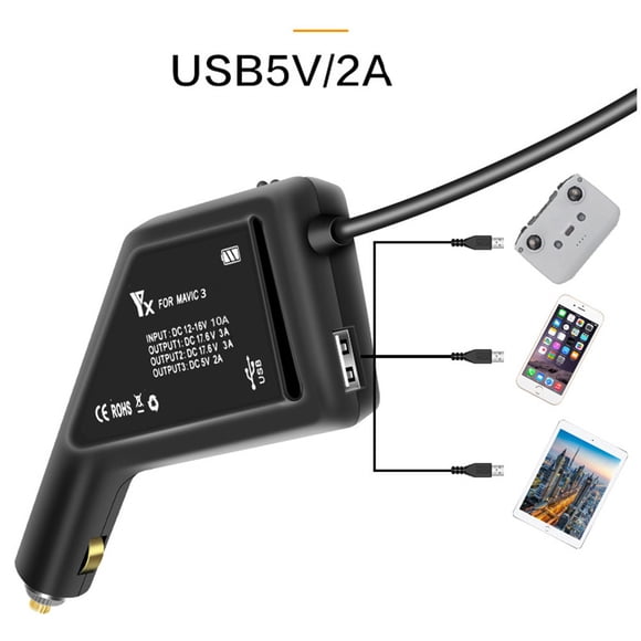 Double Electric Car Charger for DJI Mavic 3 Fast Charging, Non-Slip Design, USB Interface, ABS Material, Black