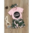 thumbnail image 2 of Bagilaanoe 3pcs Toddler Baby Girl Shorts Set Short Sleeve Letter Print T Shirt Tops + Camouflage Shorts + Headband 3M 6M 12M 18M 24M 3T 4T 5T Kids Casual Summer Clothes, 2 of 8
