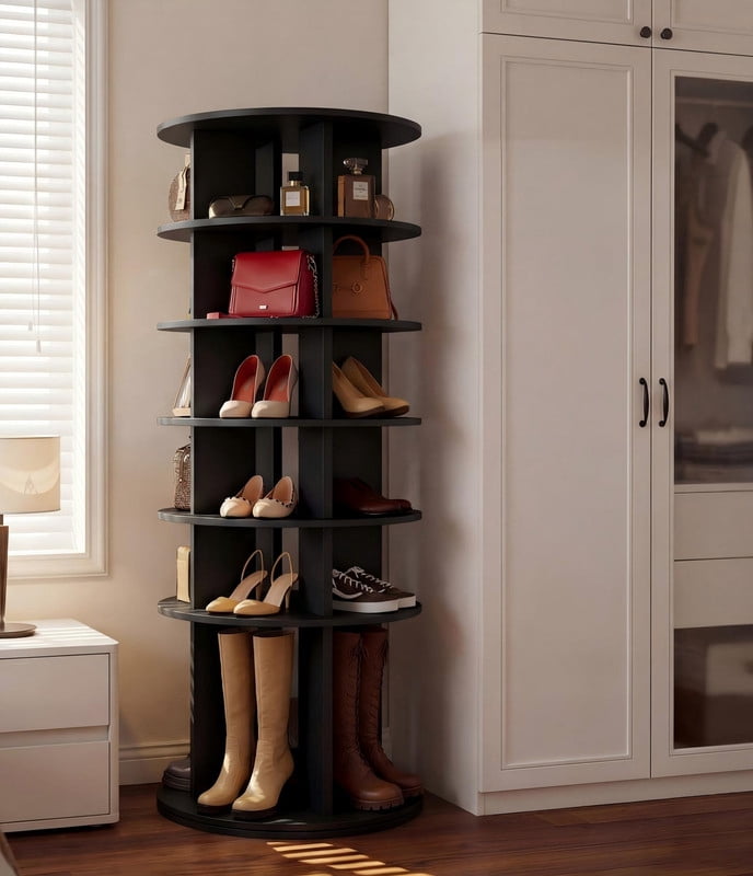 Homall 7-Tier 360° Rotating Shoe Rack, 23.6" Dia, 64.5" H, Holds 35 Pairs, Tall Boots & Handbag Storage