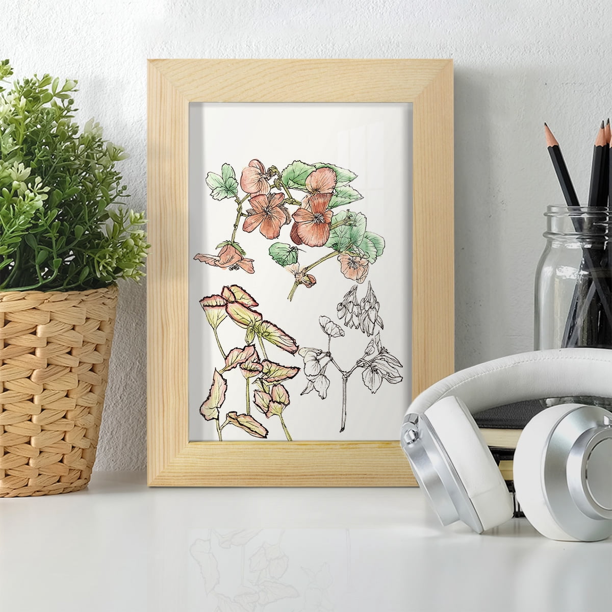 Begonia Study -Framed Print w/glass-Natural Wood