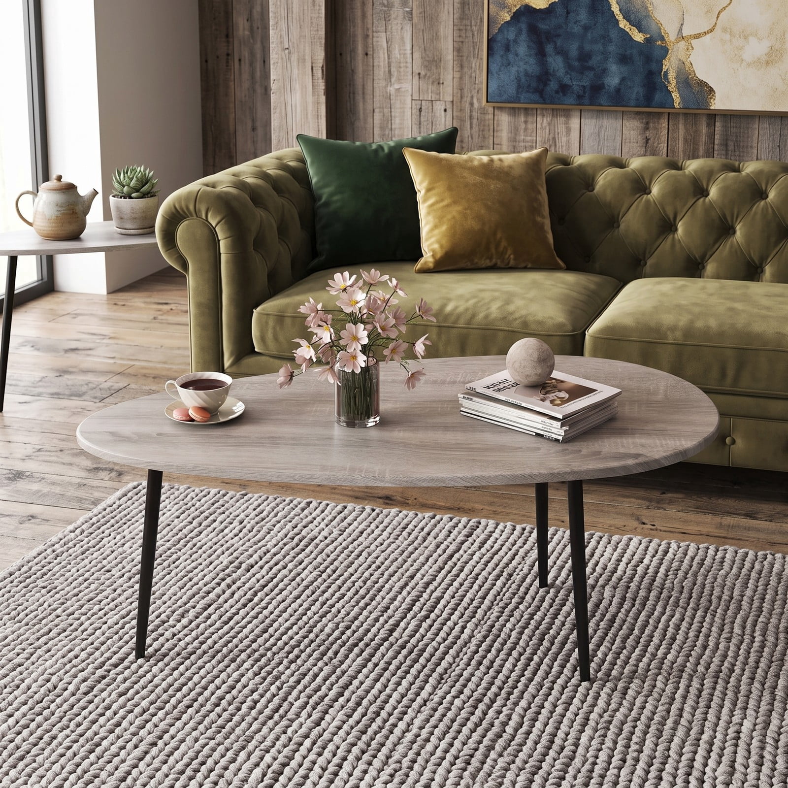 Furnibear Oval Coffee Table Mid Century Center Table with Sturdy Metal Frame, Open Storage Shelf & Adjustable Foot Pads for Living Room, Hallway & Lounge, Gray