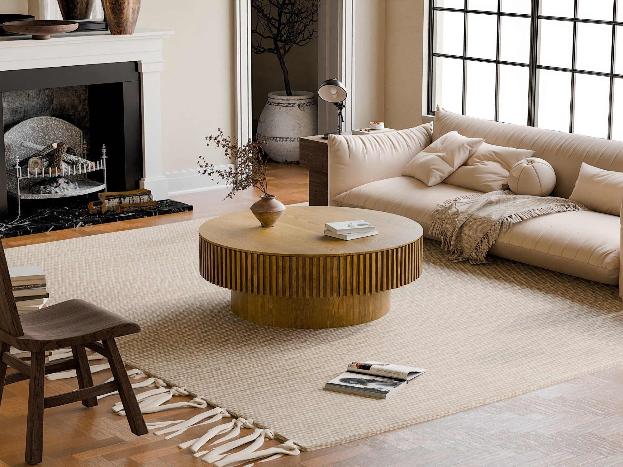 39.37" Round Coffee Table with Storage, Fluted Modern Coffee Table with Hidden Storage, Wood Veneer Center Table for Living Room, Brown