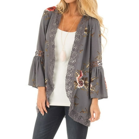 JustVH Women's 3/4 Bell Sleeve Boho Floral Kimono Cardigan Cover up Lace Stitching Blouse Top