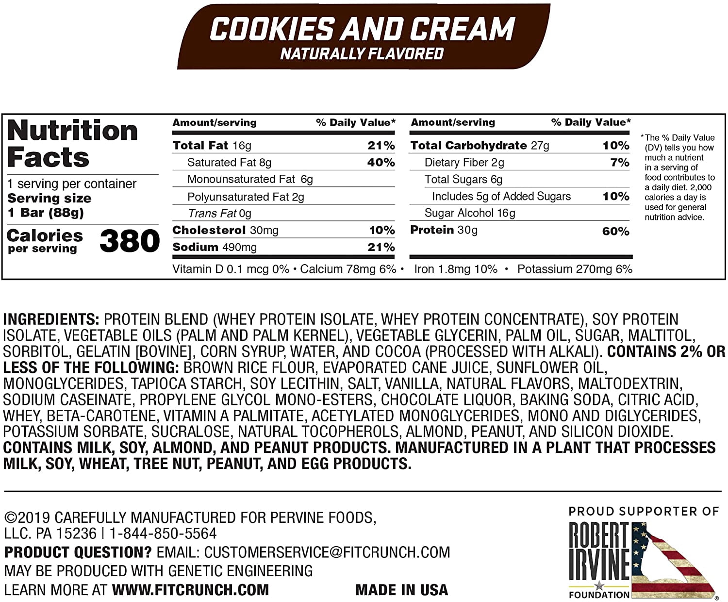 Fit Crunch Protein Bar, Cookies & Cream, 30g Protein, 12 ct