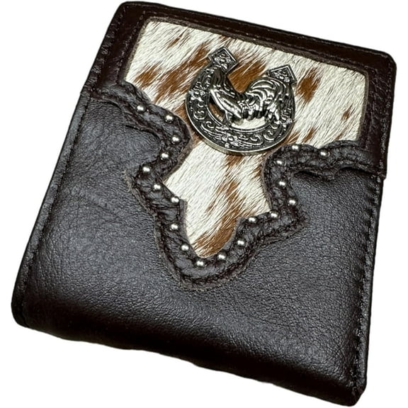 Western Stakes Mens Leather Wallet Rooster Concho Bifold Soft Leather Cow Hair Style Cowboy Hand Crafted High End Mens Wallets Leather Gifts For Men (Black)