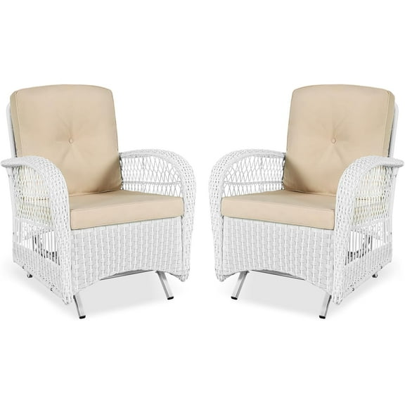 VIVIJASON 2-Piece Outdoor White Wicker Glider Rocking Chair, Patio Rattan Swing Glider Chairs with Cushions & Steel Frame, All-Weather Gliding Lawn Wicker Furniture for Garden Backyard Porch, Beige
