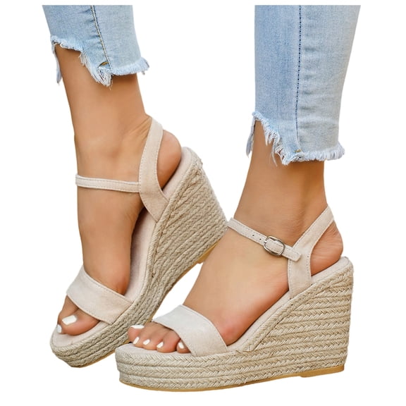 Rokment Womens Espadrilles Wedge Dressy Sandals Beach Trendy Casual Suede Open Toe Ankle Strap Platform Chunky High Heel Dress Summer Shoes Beige Size 6.5