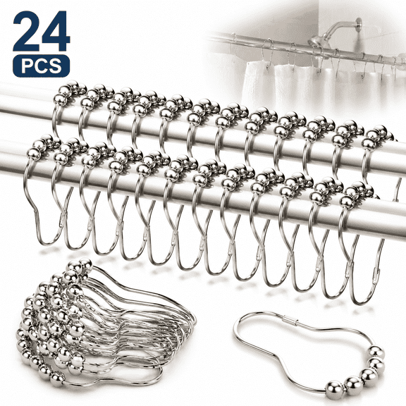 Genreen 24 Pack Stainless Steel Shower Curtain Hooks, Rust Resistant Roller Rings with Gliding Balls, Polished Nickel Heavy Duty Hangers for Bathroom Rods