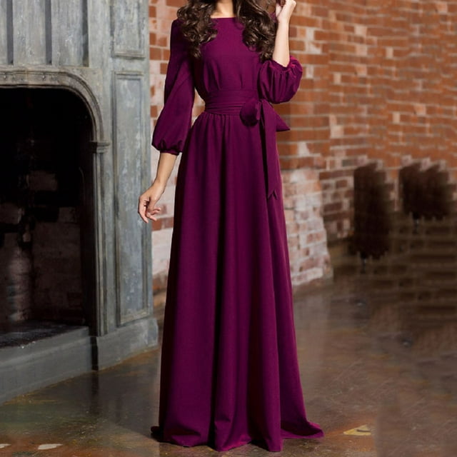 Gspmoly Robe pour Femmes, Robe Décontractée à Col Rond pour Femmes à Manches Longues Lanterne, Chandail à Enfiler avec Ceinture, Robe de Couleur Unie, Robes de Vacances pour Femmes, Cadeaux de Vacances