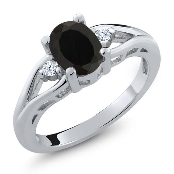 Gem Stone King 925 Sterling Silver Black Onyx and White Created Sapphire 3 Stone Engagement Ring for Women | 1.33 Cttw | Oval 8X6MM | Round 2MM | Gemstone December Birthstone | Size 5