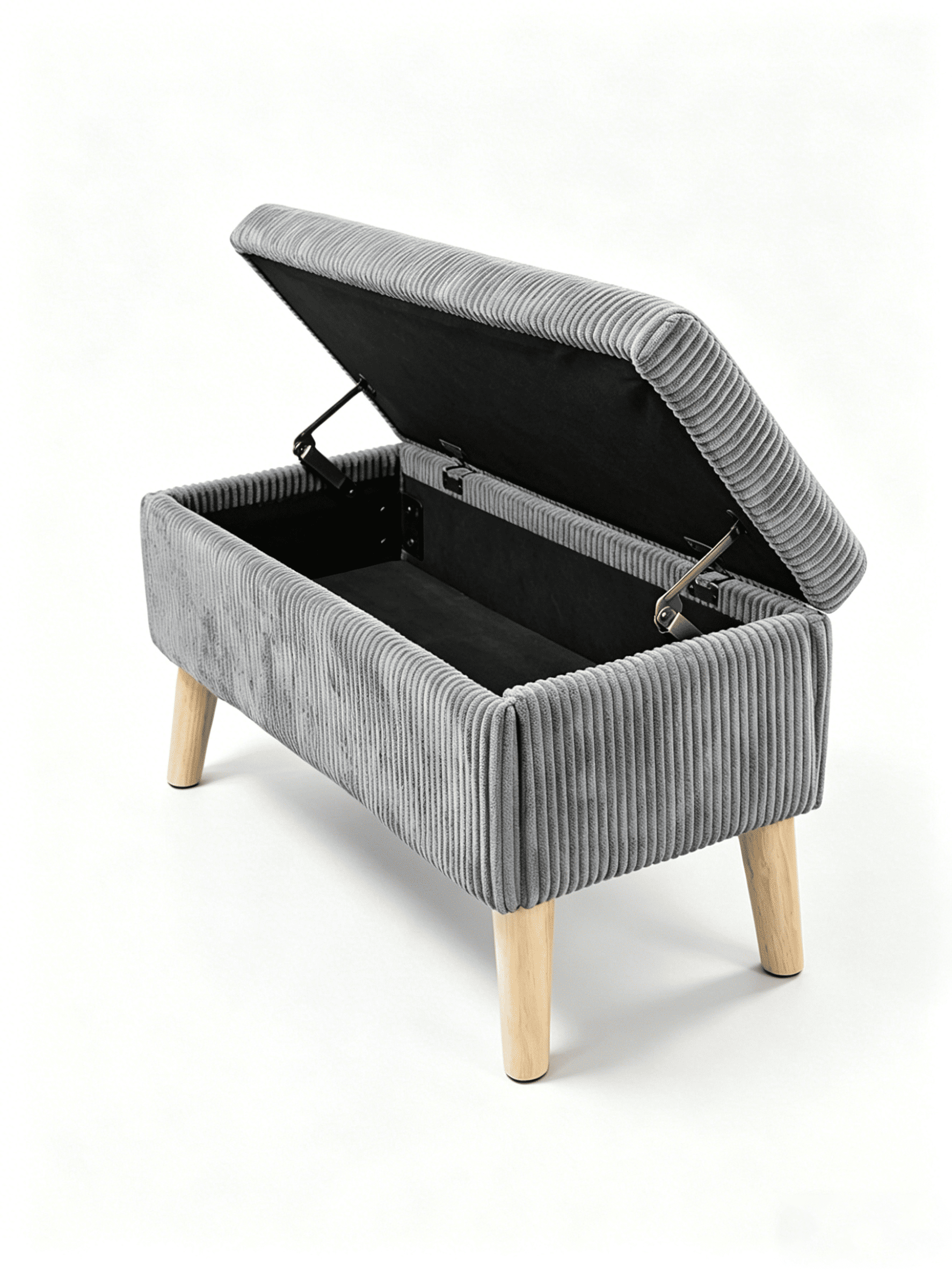 32 inch Wide Olive Grey Corduroy Storage Ottoman Bench with Wooden Legs, Flip-Top Storage Box, Soft Upholstered End of Bed Bench, Footrest & Shoe Bench for Bedroom, Living Room, Entryway