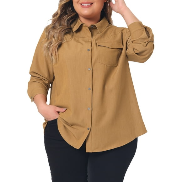 Agnes Orinda Women's Plus Size Denim Shirt Long Sleeves Button Down Chambray Shirts with Pocket 4X Light Brown