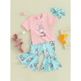 thumbnail image 3 of Liacowi Toddler Baby Girls Easter Clothes Set Bunny Print Short Sleeve T-shirt with Flare Pants Headband 3PCS Kids Summer Outfits, 3 of 9