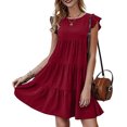 thumbnail image 4 of Wycnly 2024 Summer Mini Dresses for Women Ruffle Sleeve Flowy Swing Beach Mini Sundress Casual Solid Round Neck Pocket Short Dress Wine Formal Dresses for Women, 4 of 6