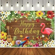 Summer Happy Birthday Backdrops Banners Hawaiian Tropical Flamingo Floral Palm Leaves Birthday Photo Backgrounds Colorful Summer Themed Happy Birthday Sign Decorations Supplies
