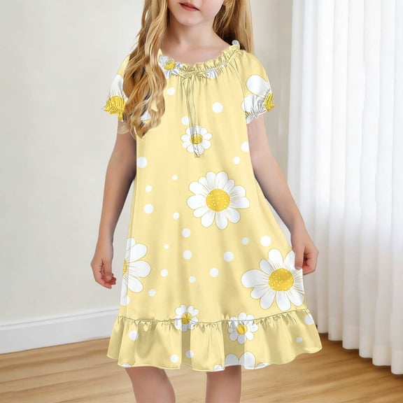 Cethrio Girls' Nightgowns Size 10-12, Short Sleeve Summer Fashion Mid-length Kids Sleep Dresses Sleepwear Multicolor Size 10