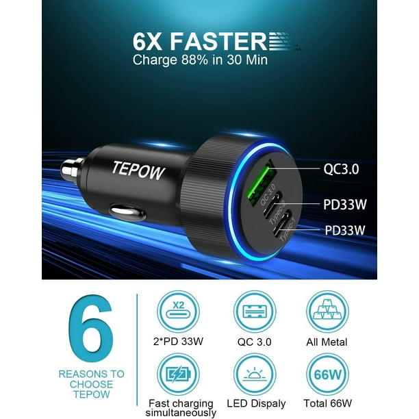 USB C Car Charger, 66W Cigarette Lighter Plug Adapter with 2x USB C Cable, PD&QC3.0 Car Lighter USB Car Charger Adapter Type C Car Phone Charger for iPhone  14 13,Samsung Galaxy S23 S22