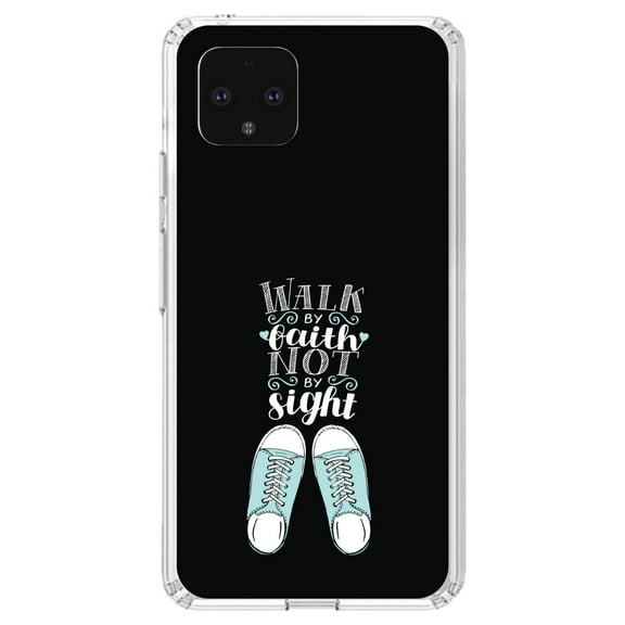 DistinctInk Clear Shockproof Hybrid Case for Google Pixel 4 (5.7" Screen) - TPU Bumper, Acrylic Back, Tempered Glass Screen Protector - Walk By Faith Not By Sign - Sneakers