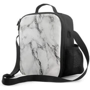 Simple White Marble Stone Men & Women Insulated Lunch Bag,Reusable Tote Lunch Box with Water Bottle Holder and Adjustable Shoulder Strap for School Office Picnic