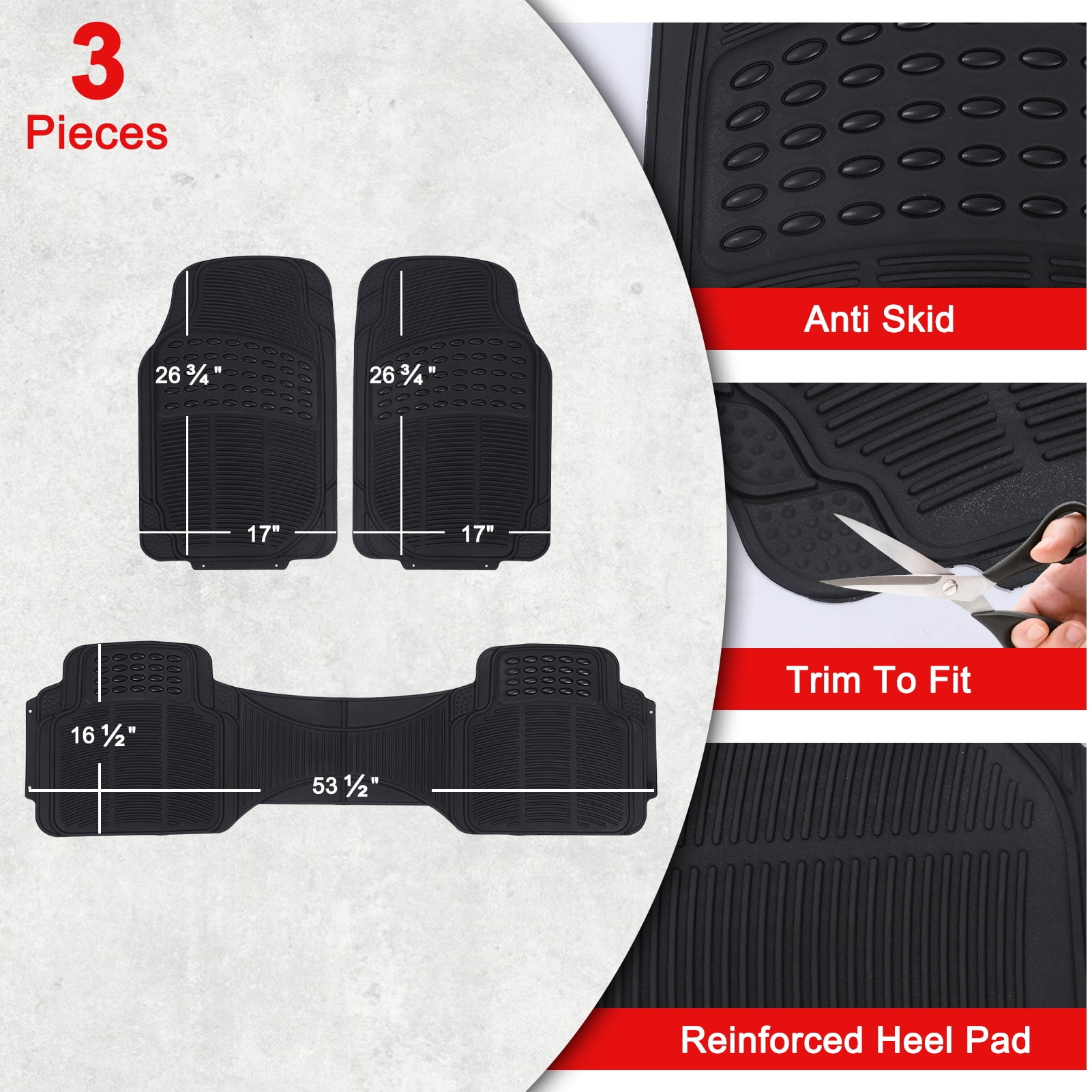 3-Piece All Weather Solid Rubber Car Floor Mats Set, Trimmable Front and Rear- Heavy Duty Deep Dish Mats for Universal Car & SUV Van