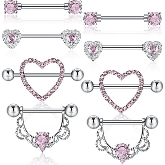 4 Pairs Stainless Steel Nipple Tongue Rings Piercing Body Jewelry Barbell Heart Shape Rings for Women Girls Silver Bar and Pink Zirconia