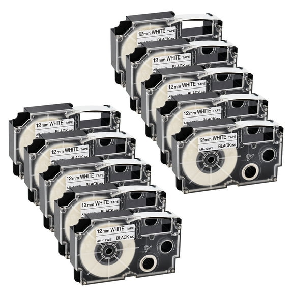GREENCYCLE 10PK Black on White Label Tape Compatible for Casio XR12WE XR-12WE (12mm 1/2''x 8m 26ft) EZ Label Printer