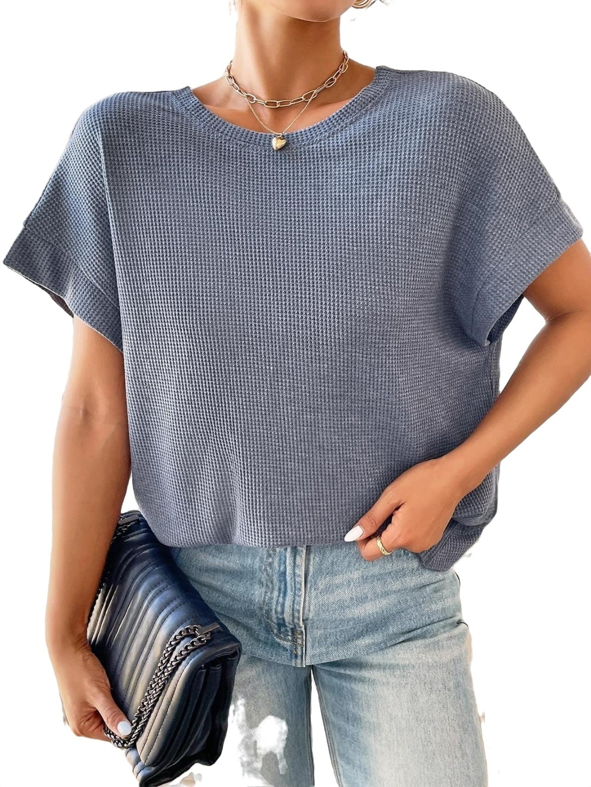 Women's T-Shirts Casual Plain Round Neck Short Sleeve Backless Batwing  Sleeve Blue L - Walmart.com
