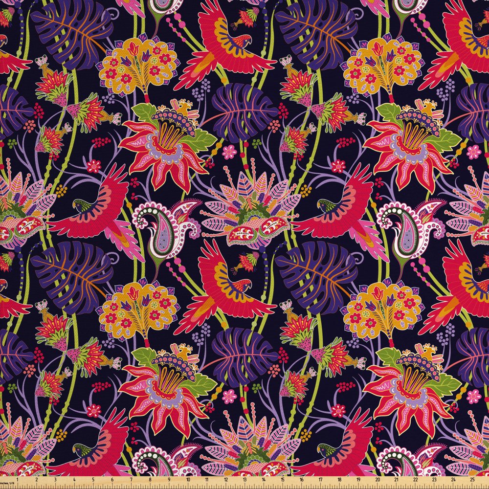 Jacobean Fabric by The Yard, Illustration of Floral Jungle with