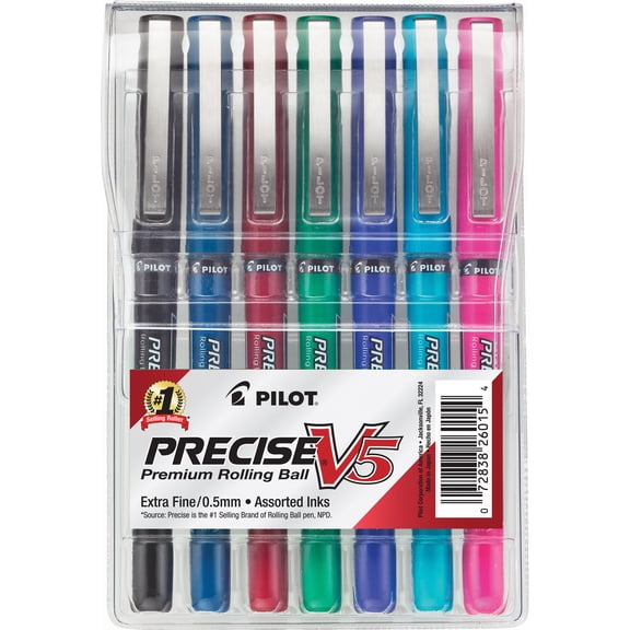 Pilot Precise V5 Rolling Ball Stick Pen, Extra Fine Point, Assorted Ink, 7 Count