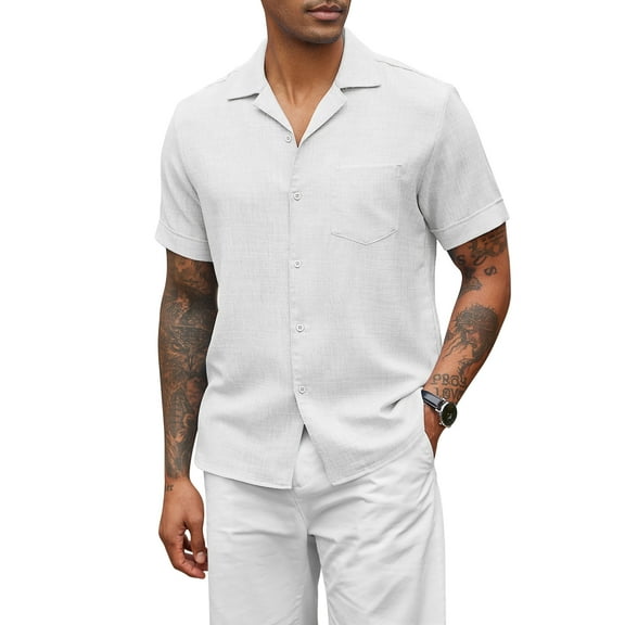 Coshow Men's Short Sleeeve Shirts Casual Button Down Linen Textured Shirt Summer Beach Shirts