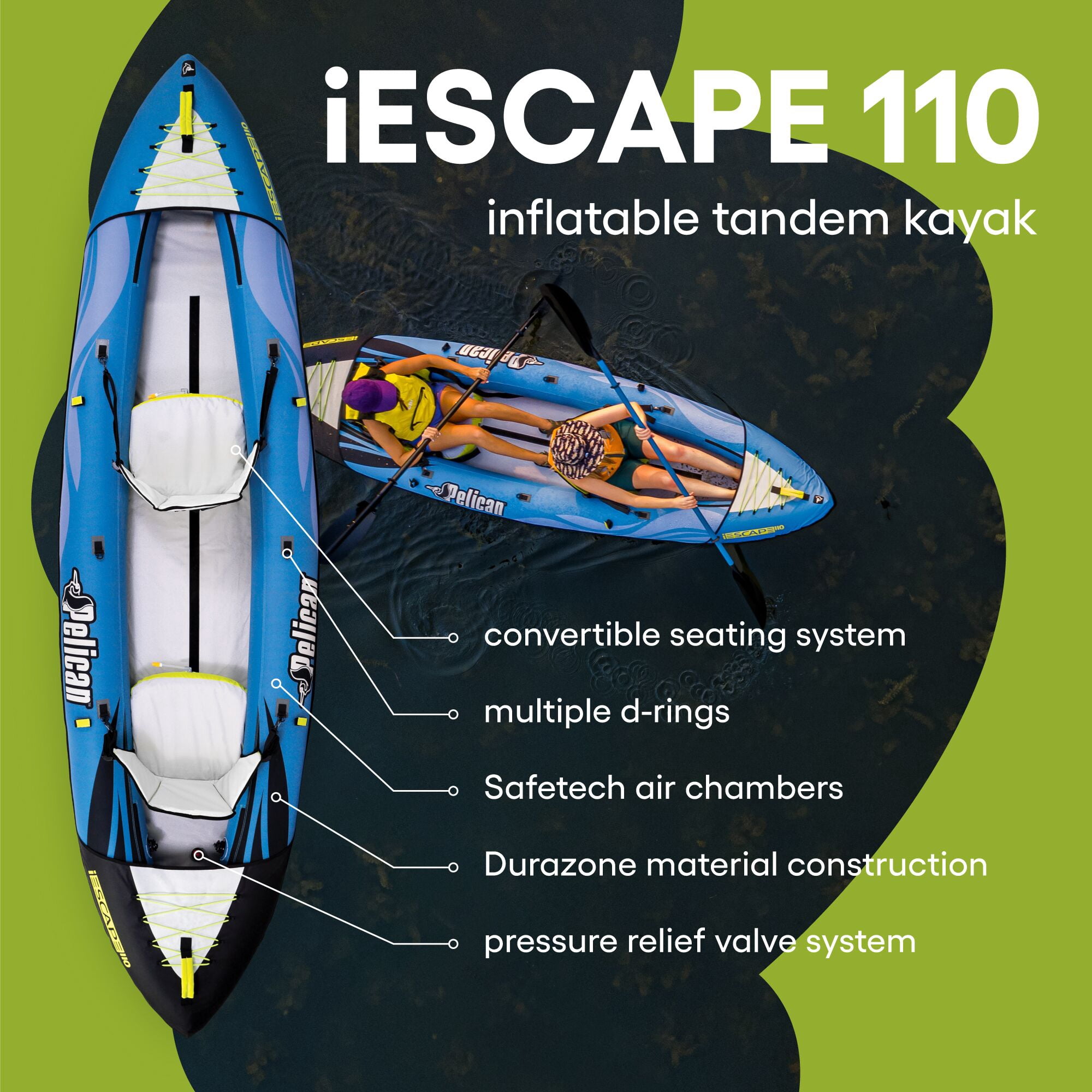 Pelican - Convertible Inflatable Tandem Kayak iESCAPE 110 - Navy Blue